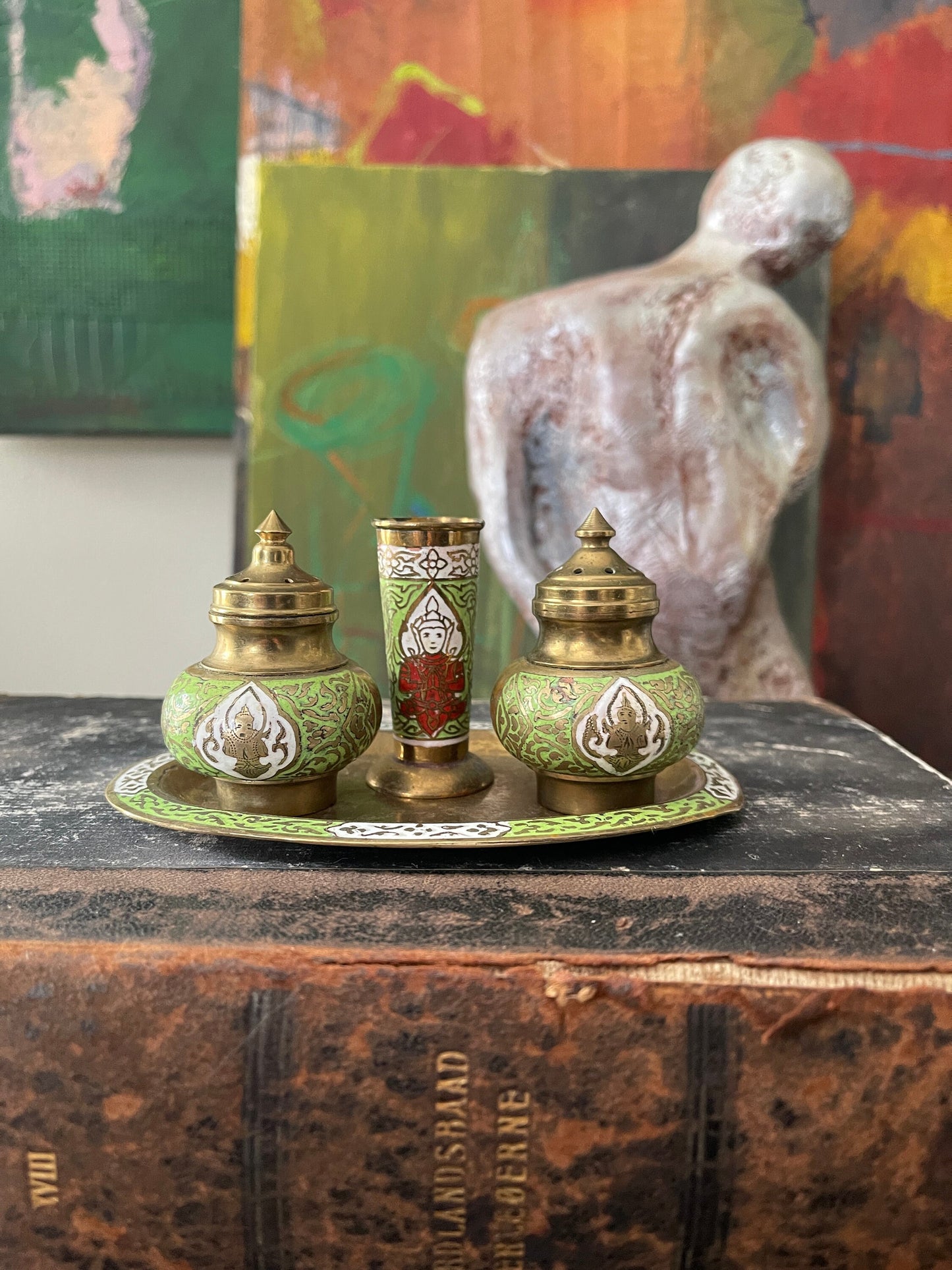 Four Piece Vintage Siam Cloisonné Miniature Salt Pepper Tray Set