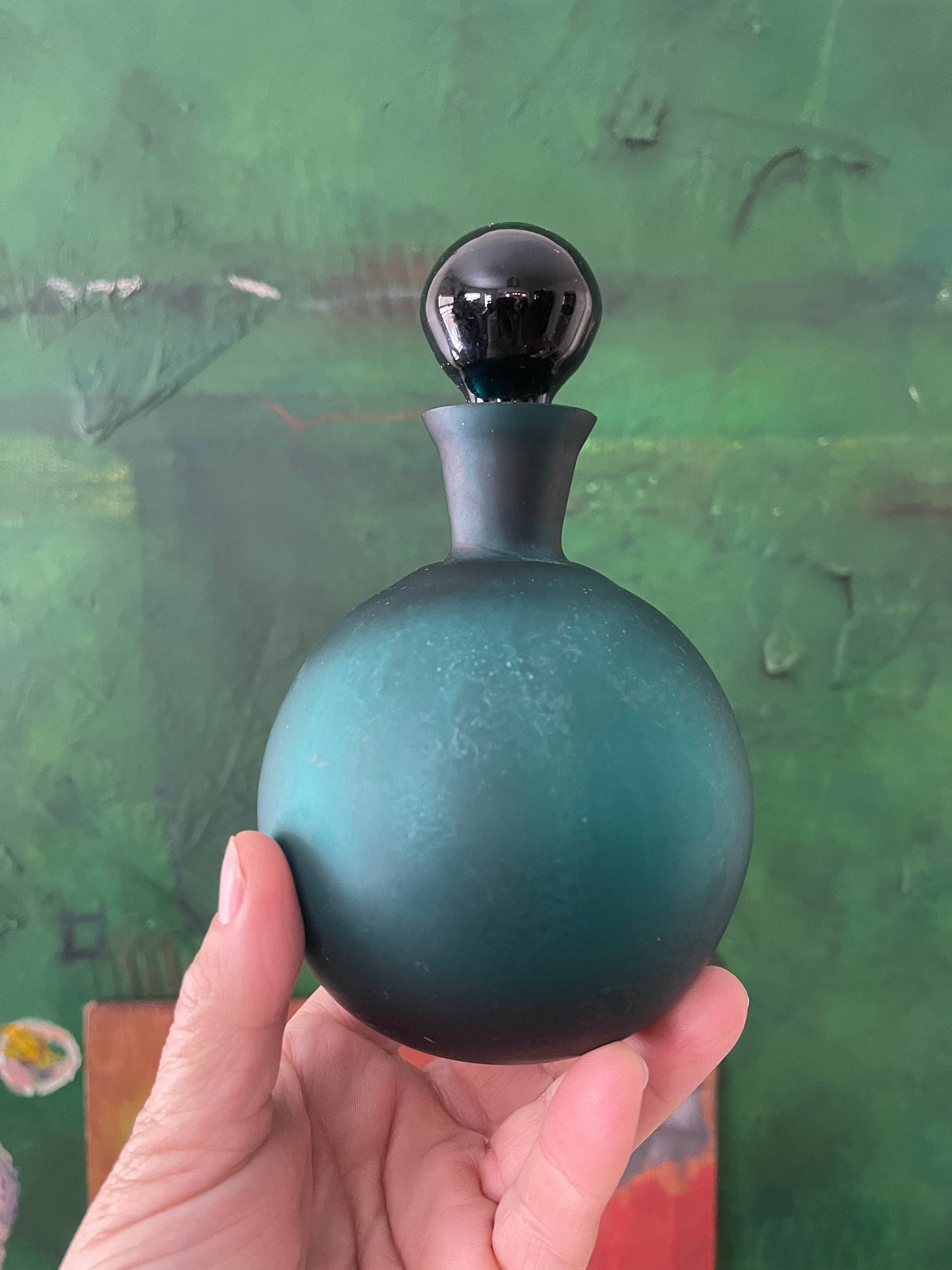 Vintage Teal Satin Glass Decanter Made in Portugal