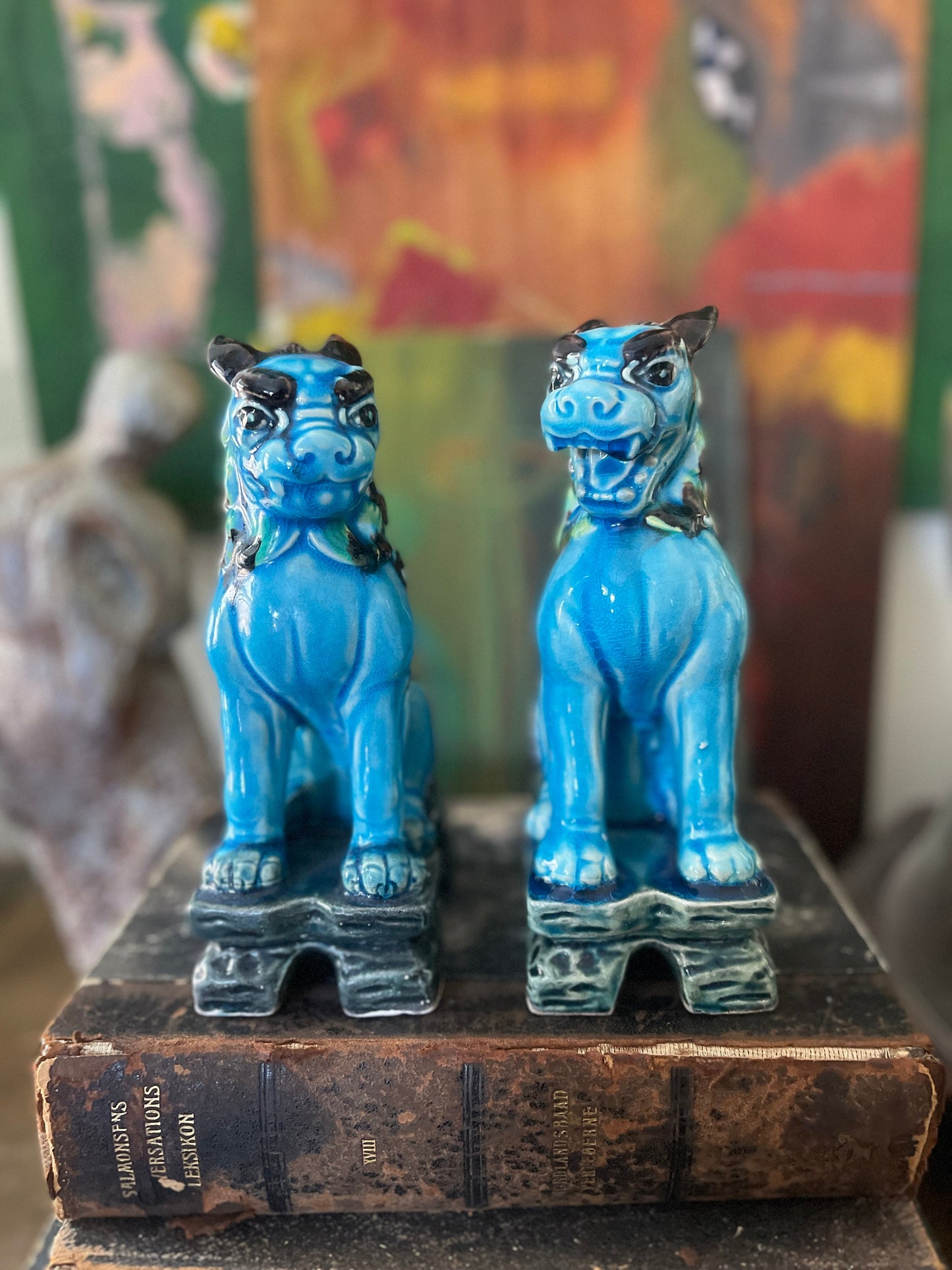 Pair of Turquoise Glazed Vintage Ceramic Foo Dogs