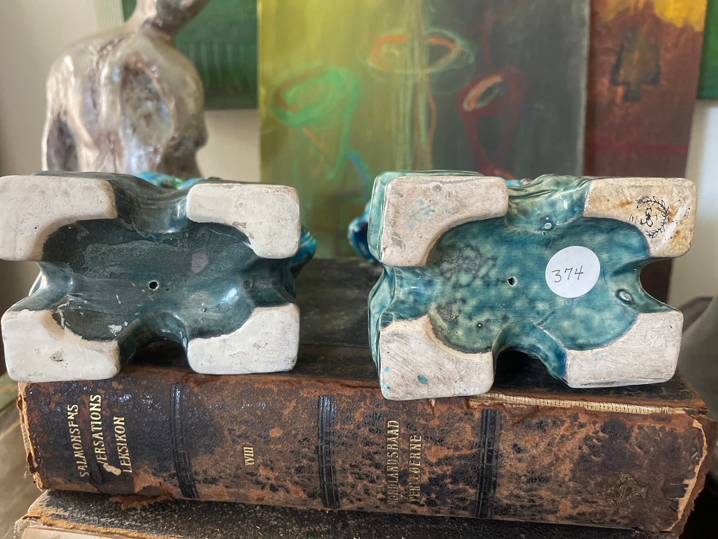 Pair of Turquoise Glazed Vintage Ceramic Foo Dogs