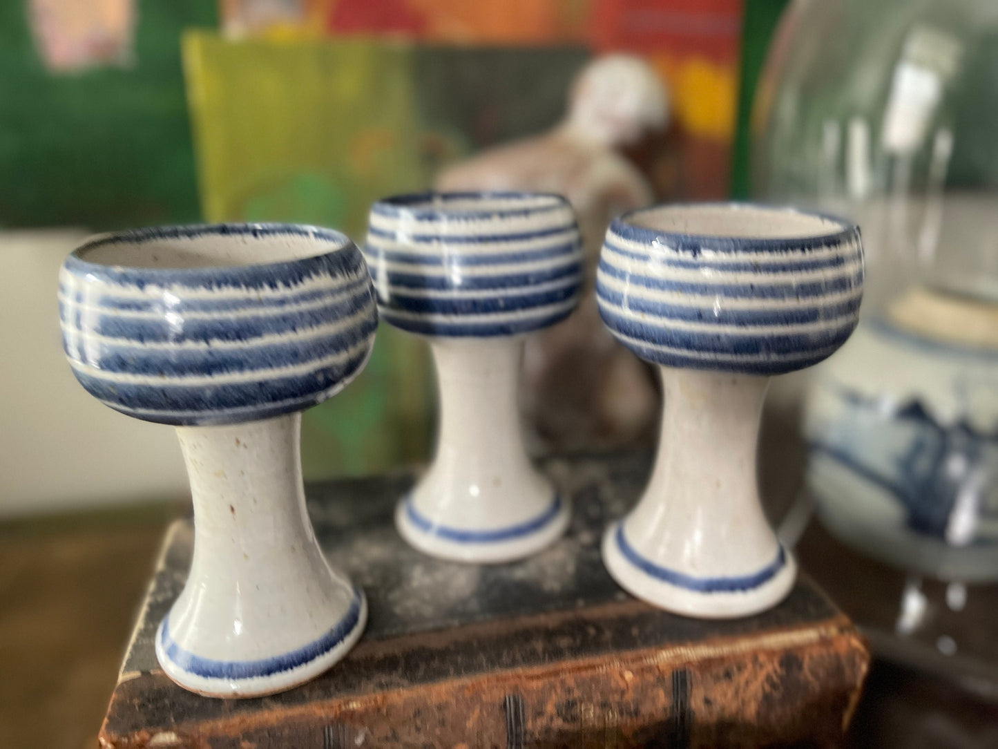 Set of Six (6) Vintage Studio Pottery Blue Goblets