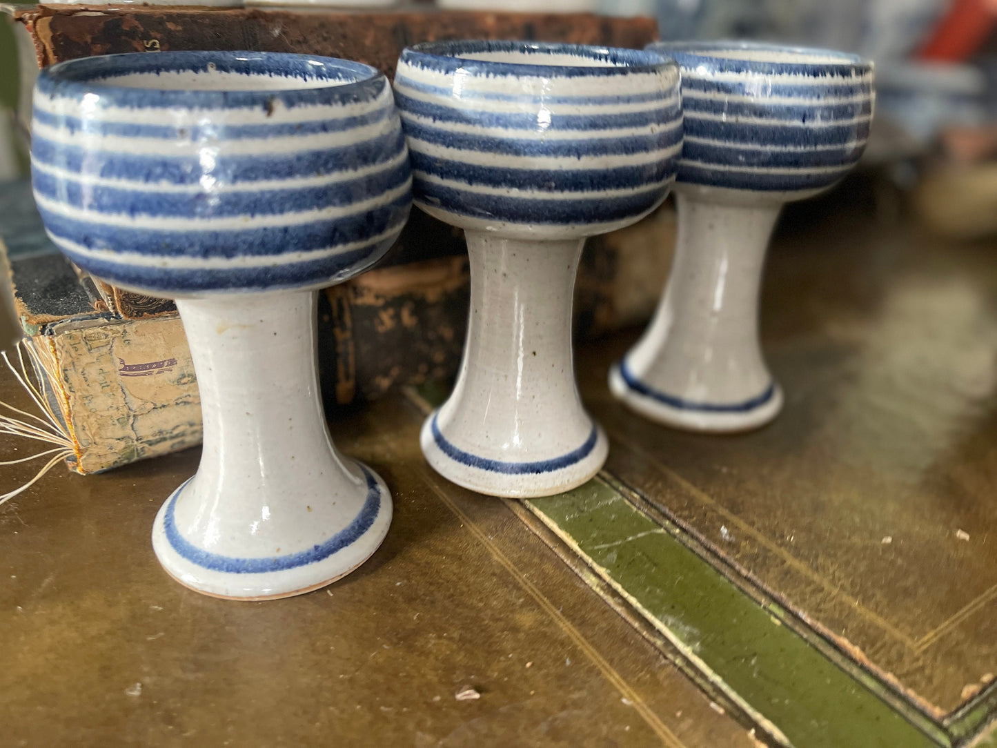 Set of Six (6) Vintage Studio Pottery Blue Goblets