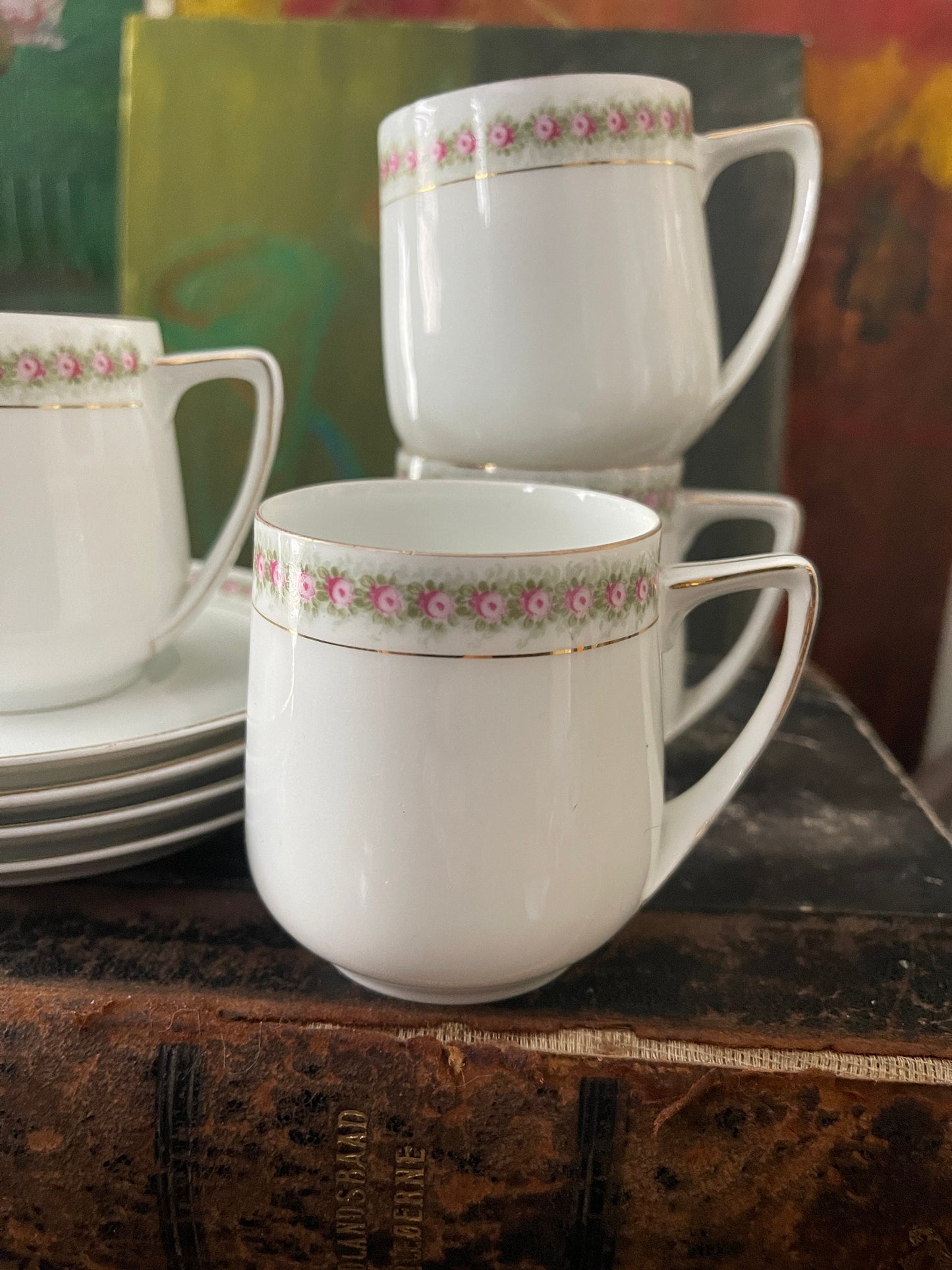 Set of Four (4) Vintage Art Deco Rosenthal Teacups and Saucers in Donatello