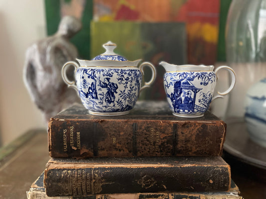 Vintage Royal Crown Derby Blue and White Sugar Bowl and Creamer