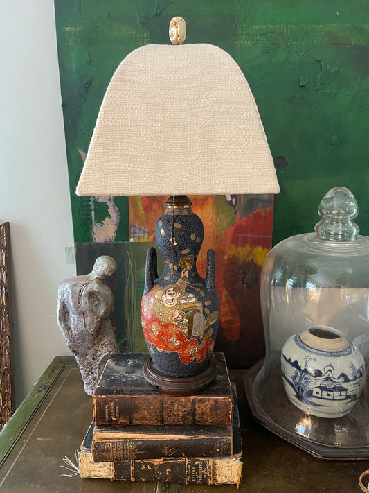 Vintage Japanese Moriage Satsuma Navy Blue Lamp Asian Chic Chinoiserie