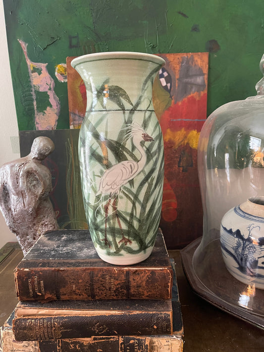 Vintage Green Pottery Beachy Vase with Crane