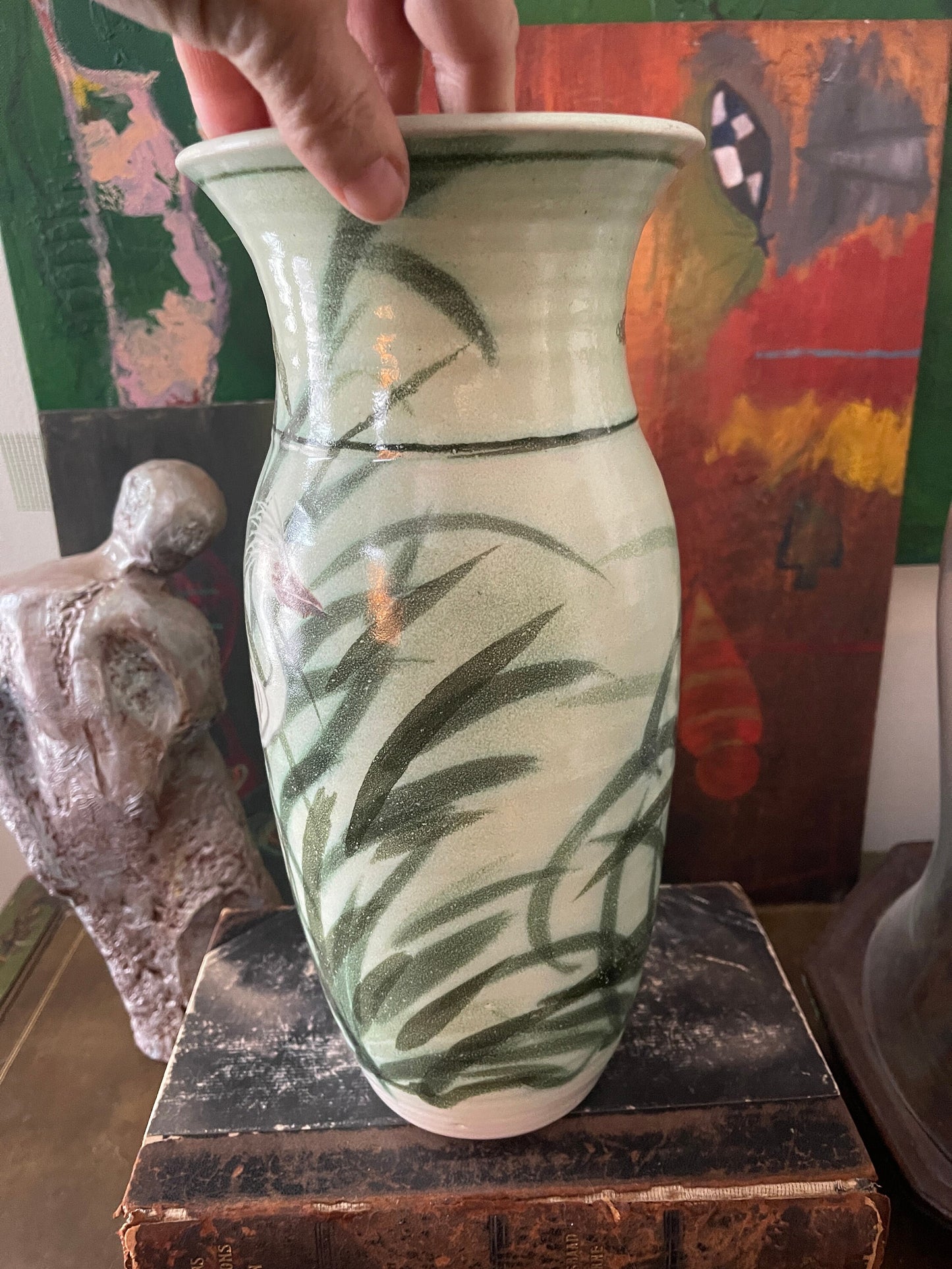 Vintage Green Pottery Beachy Vase with Crane