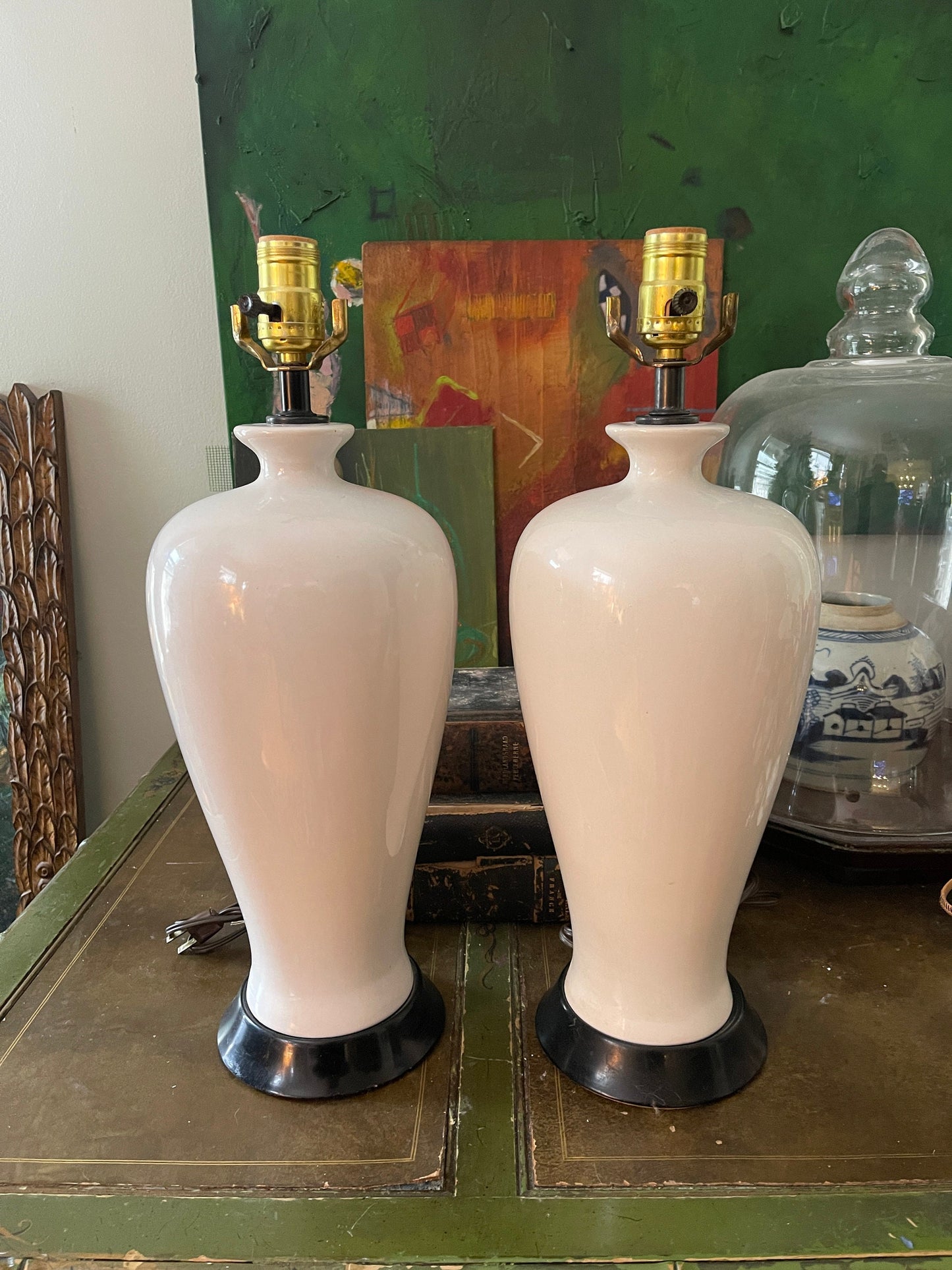 Pair of White Glossy Asian Temple Jar Lamps