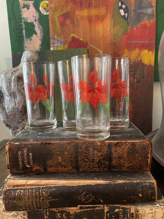 Set of Four (4) Block Poinsettia Holiday Tall Glasses