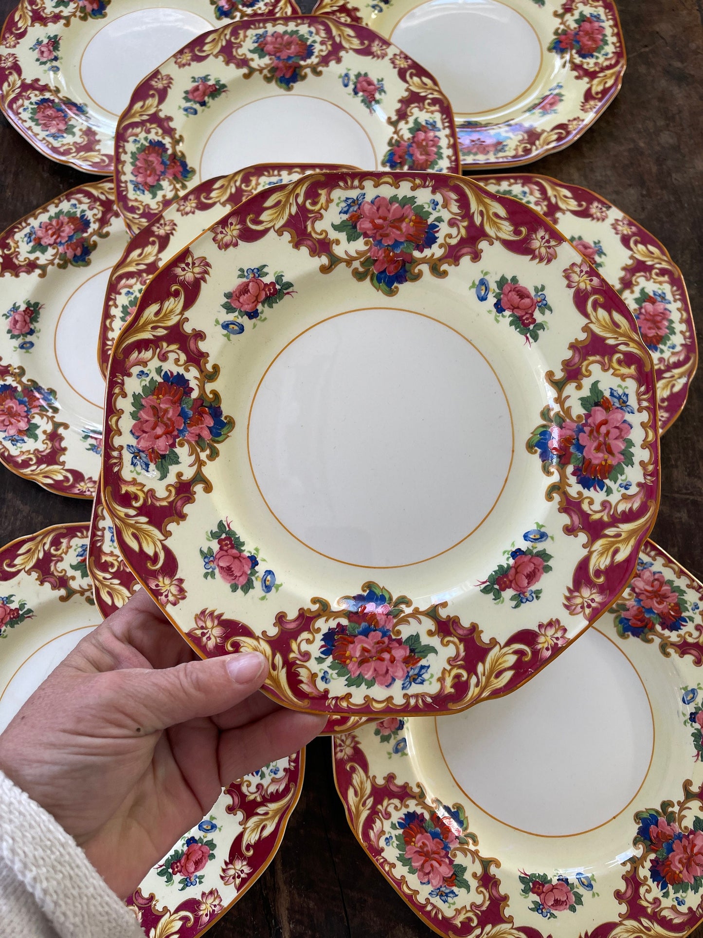 Set of Ten (10) Antique Burgundy Crown Ducal Ware England 8 7/8” Plates