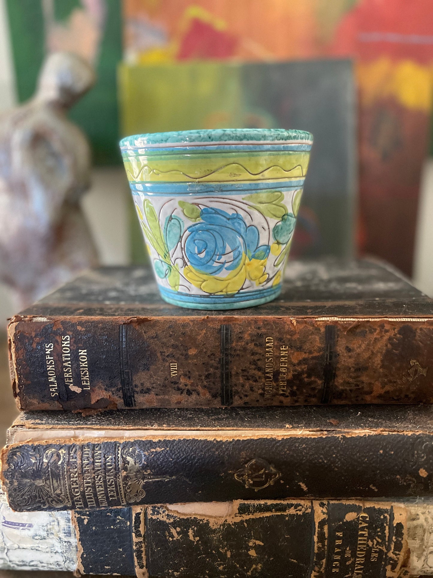 Small Italian Green and Yellow Glazed Terracotta Planter