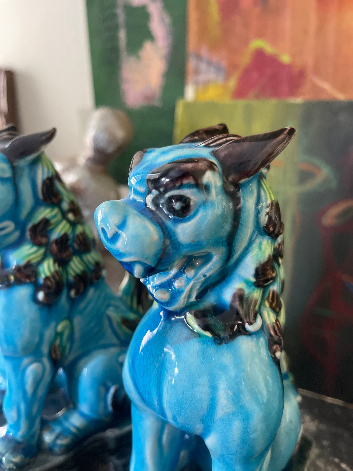 Pair of Turquoise Glazed Vintage Ceramic Foo Dogs