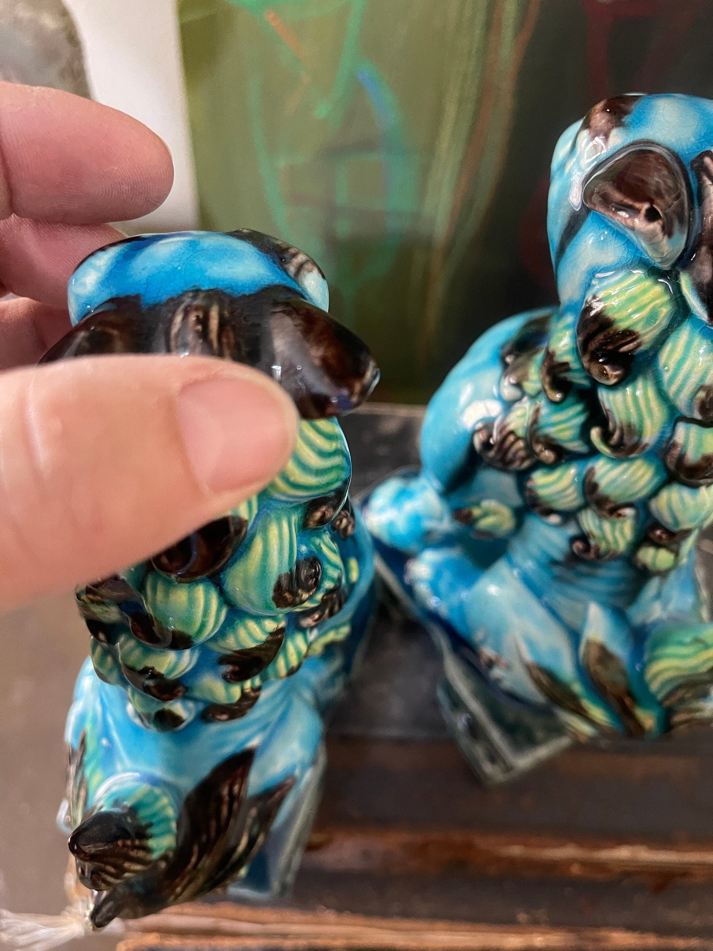 Pair of Turquoise Glazed Vintage Ceramic Foo Dogs