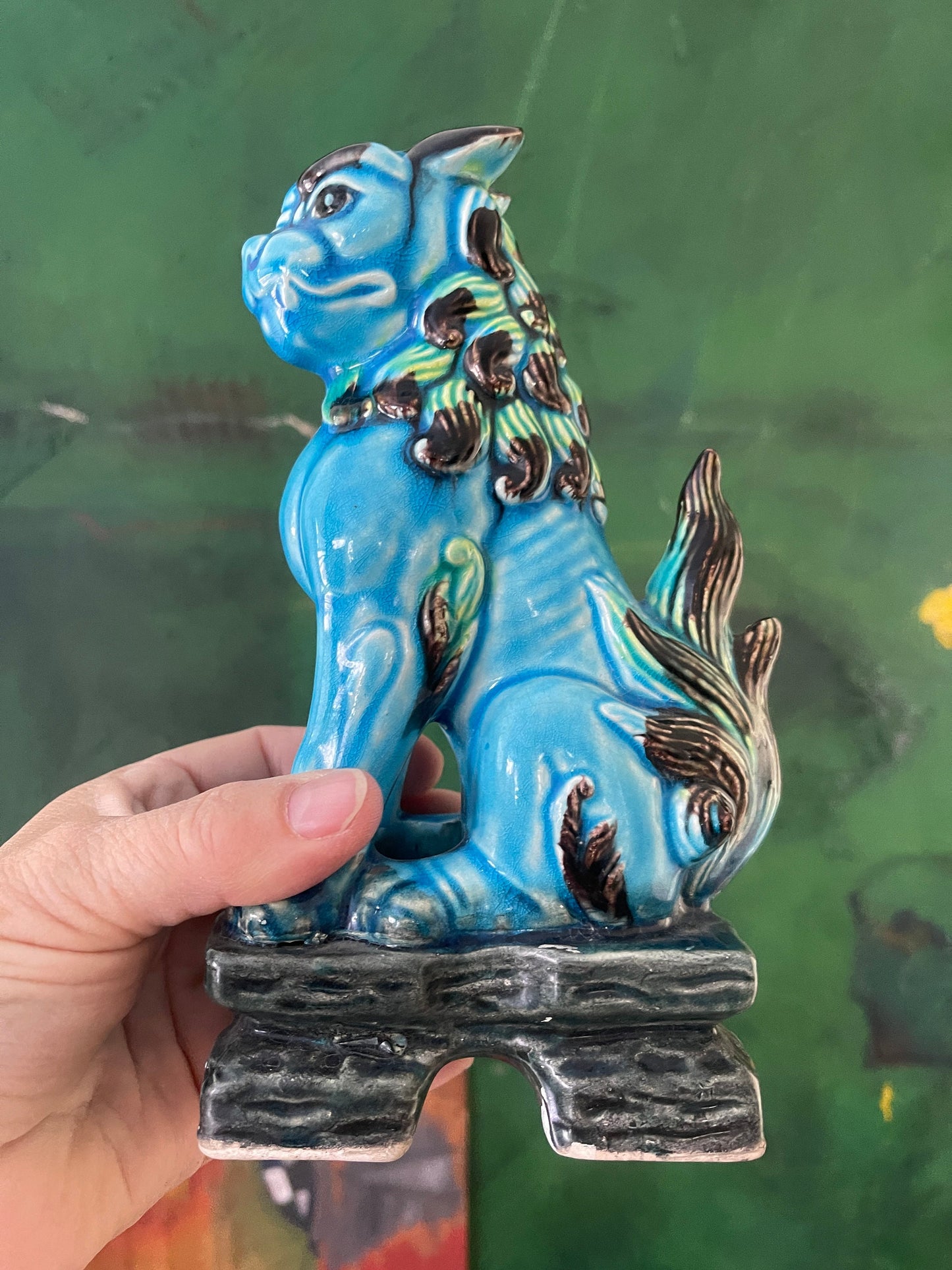 Pair of Turquoise Glazed Vintage Ceramic Foo Dogs