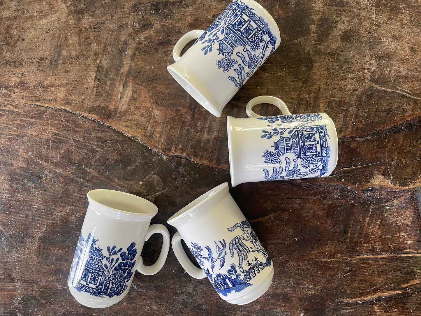 Set of Four (4) English Blue Willow Tall Mugs