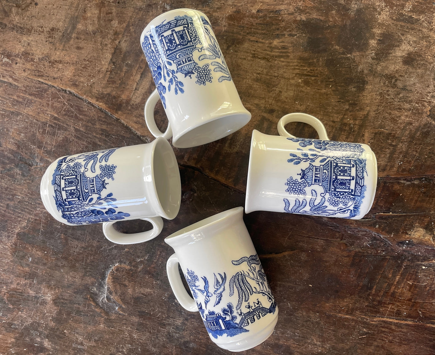 Set of Four (4) English Blue Willow Tall Mugs