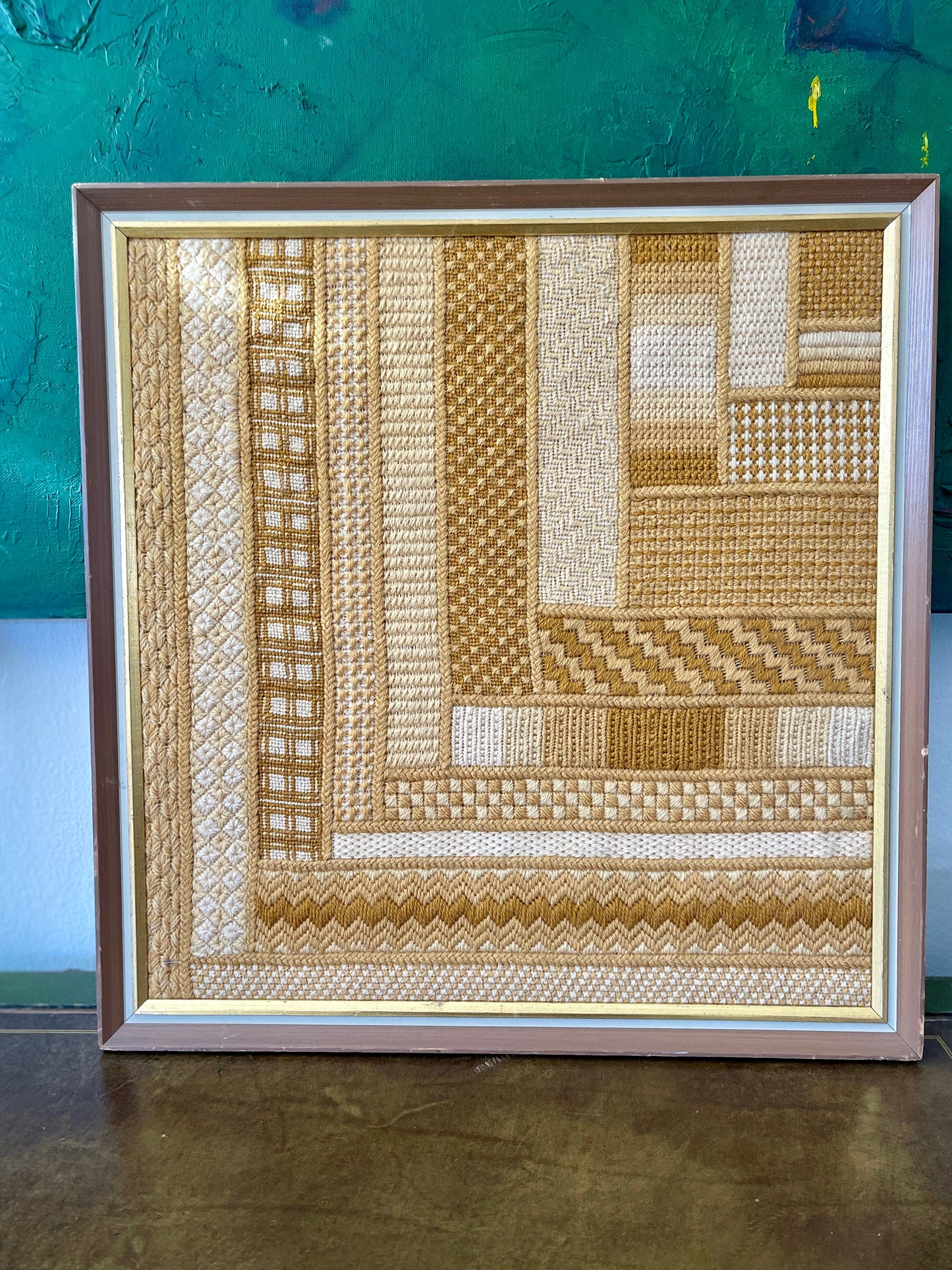 1970s Yellow Yarn Crewel in Patchwork Design