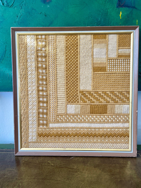 1970s Yellow Yarn Crewel in Patchwork Design