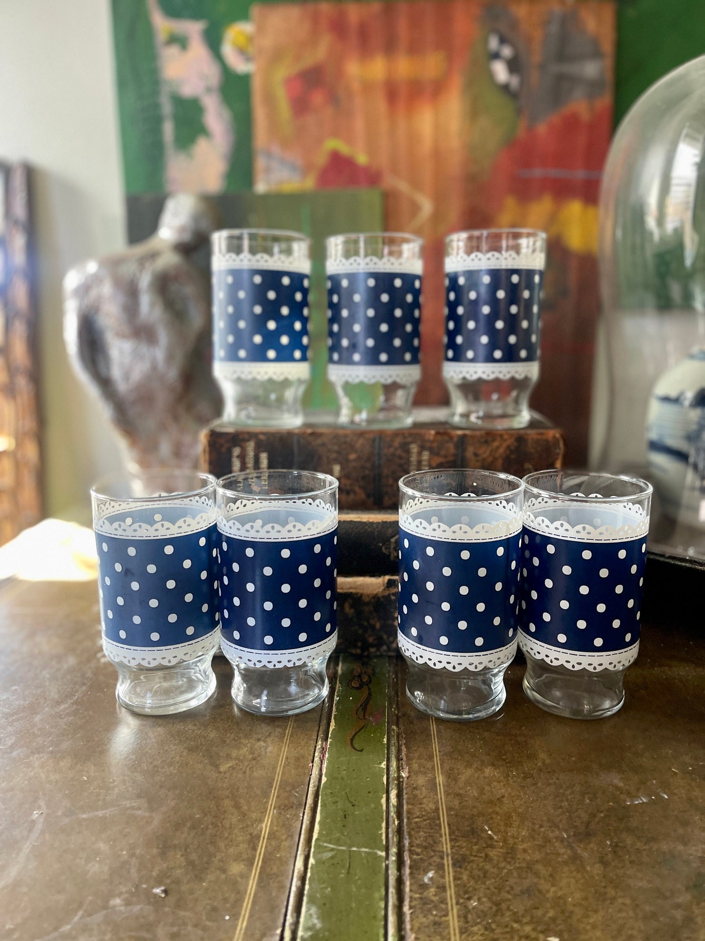 Set of Seven (7) Vintage Navy Blue and White Polka Dot Drinking Glasses