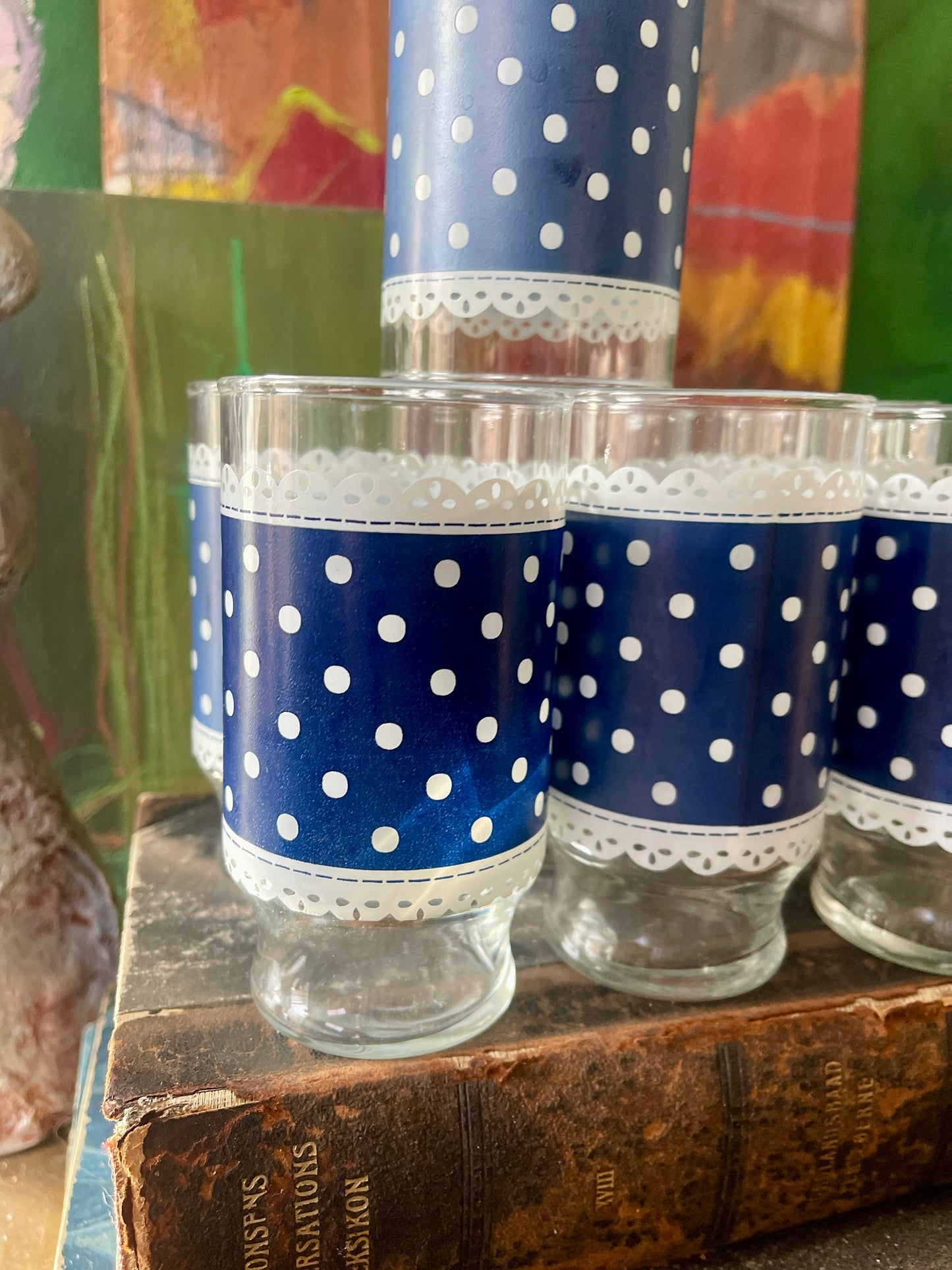 Set of Seven (7) Vintage Navy Blue and White Polka Dot Drinking Glasses