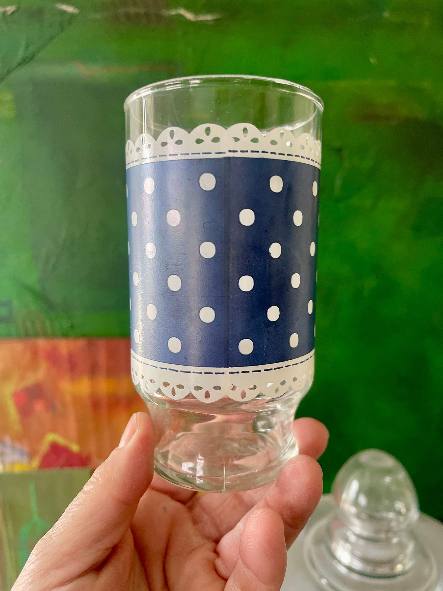 Set of Seven (7) Vintage Navy Blue and White Polka Dot Drinking Glasses