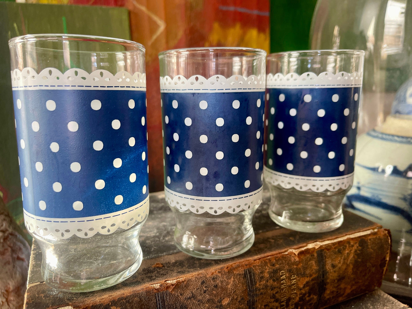 Set of Seven (7) Vintage Navy Blue and White Polka Dot Drinking Glasses