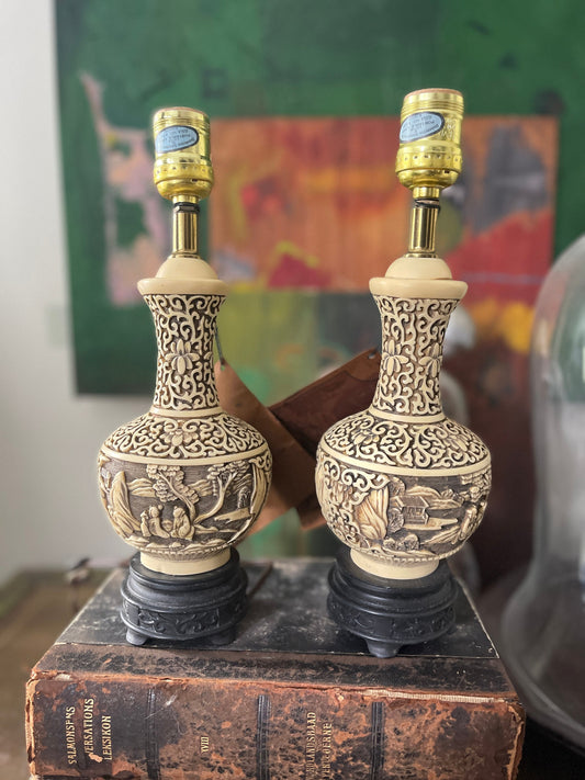 Pair of Small Cream Cinnabar Asian Lamps