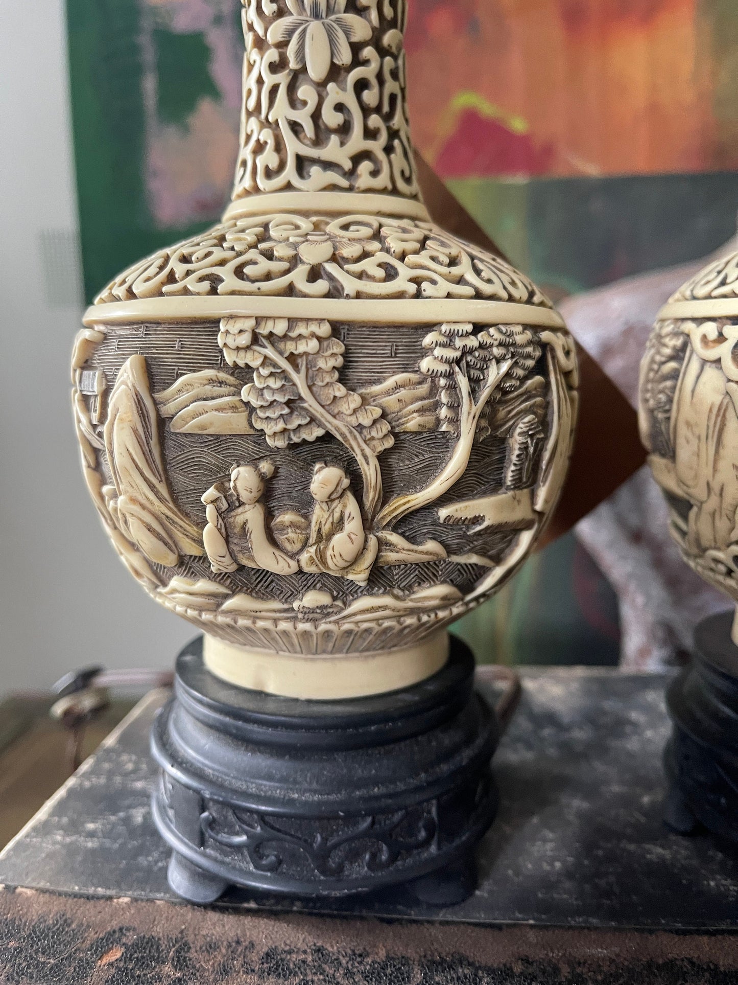 Pair of Small Cream Cinnabar Asian Lamps