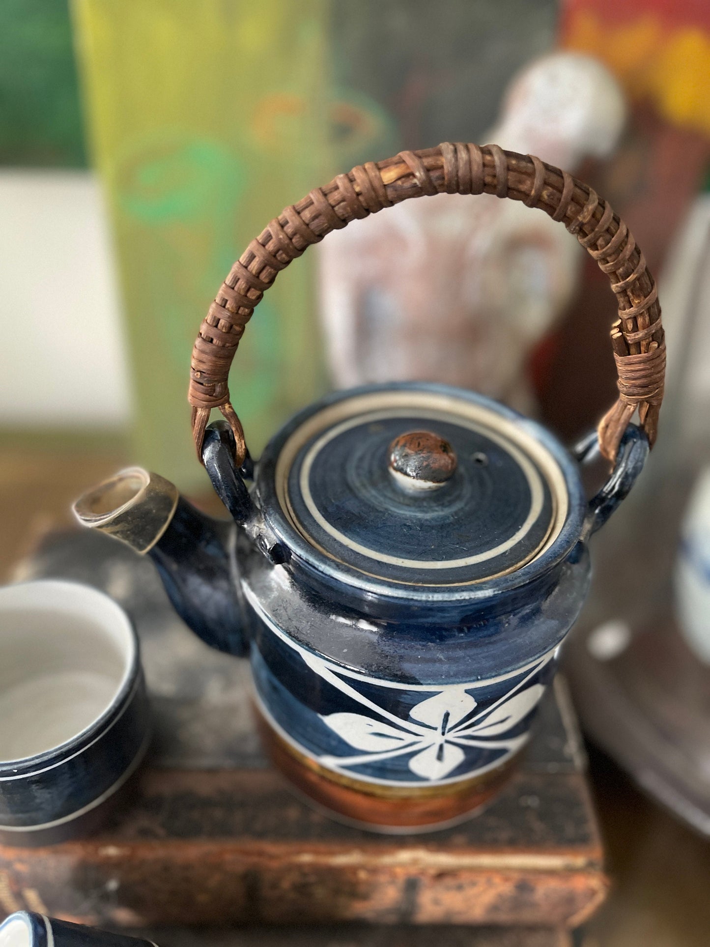 Vintage Indigo Blue Otagiri Teapot with Six Teacups