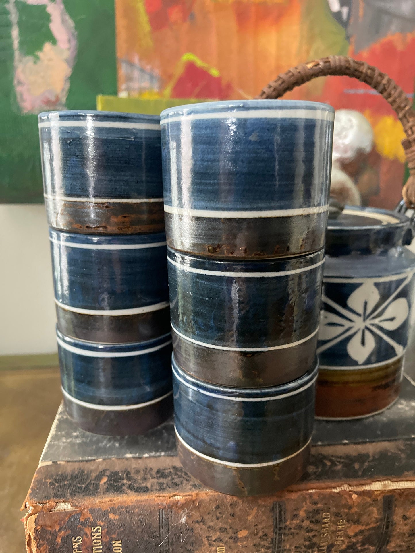 Vintage Indigo Blue Otagiri Teapot with Six Teacups