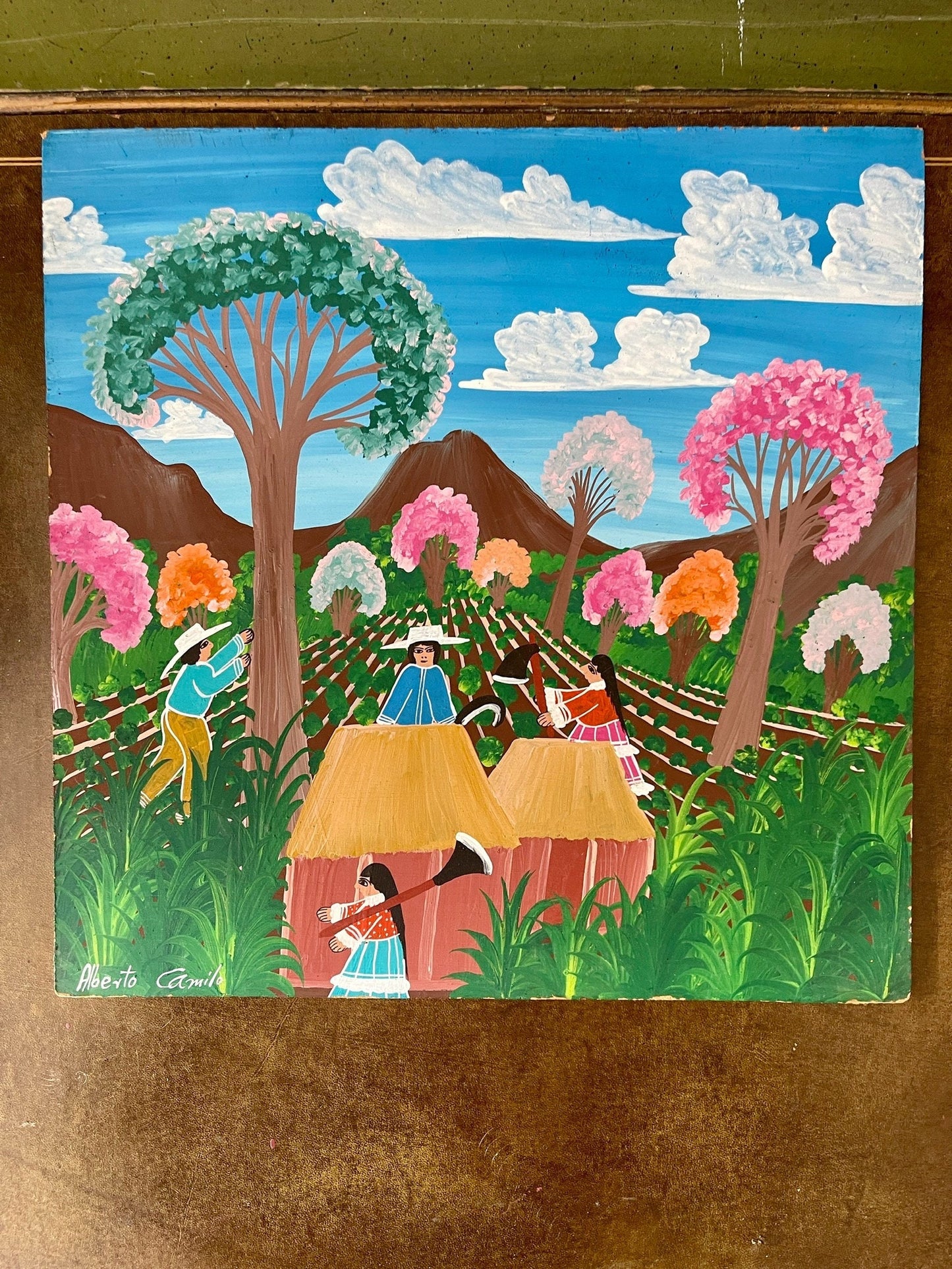 Vintage Latino Painting on Board with Pink and Orange Trees by Alberto Camillo