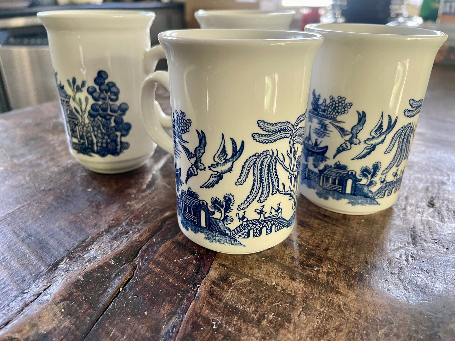 Set of Four (4) English Blue Willow Tall Mugs