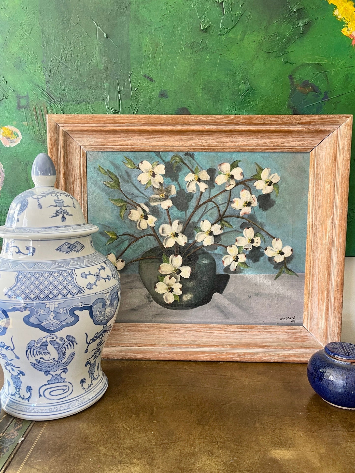 1949 Dogwood Floral Oil on Canvas Signed Shepherd