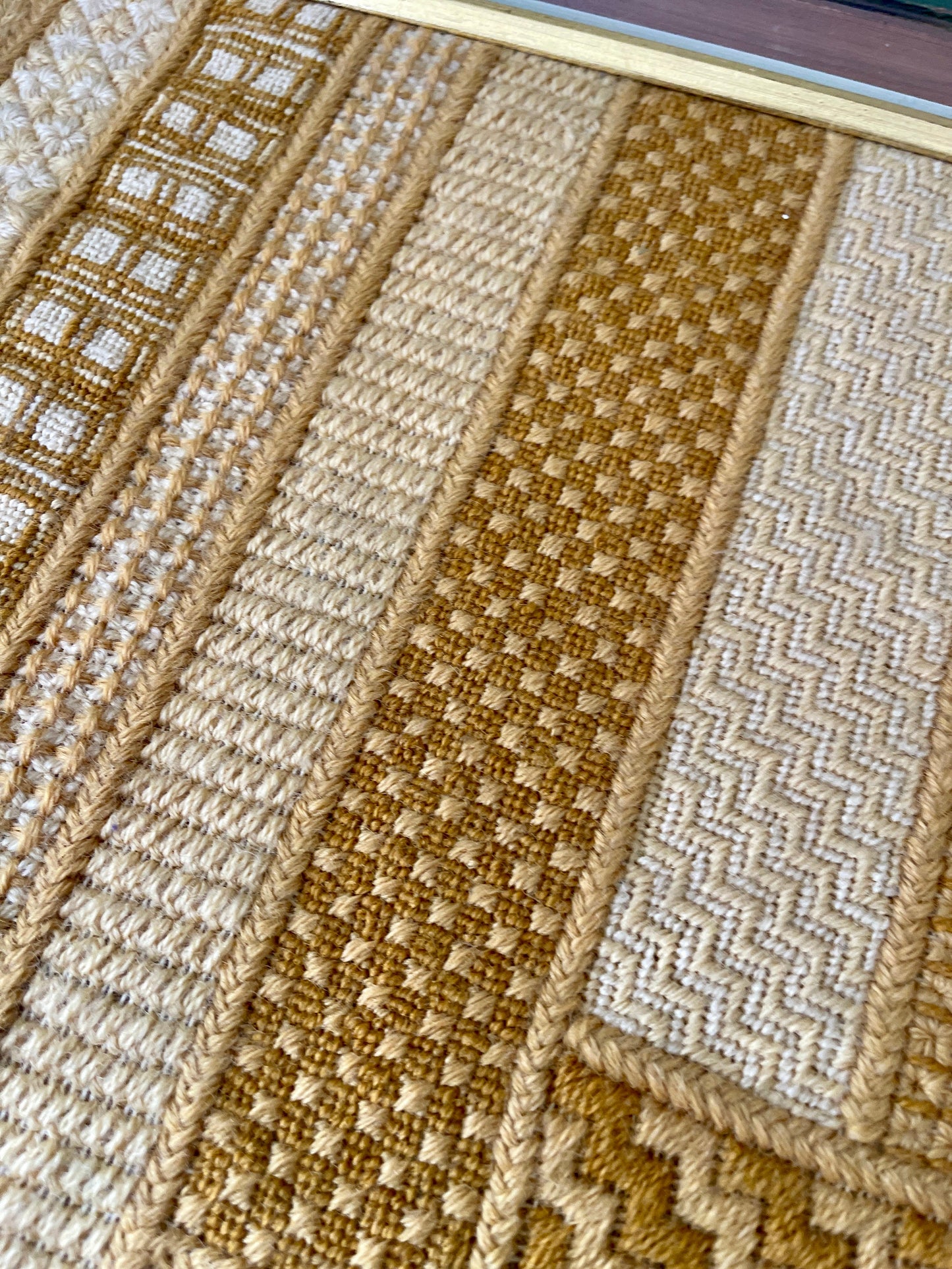 1970s Yellow Yarn Crewel in Patchwork Design