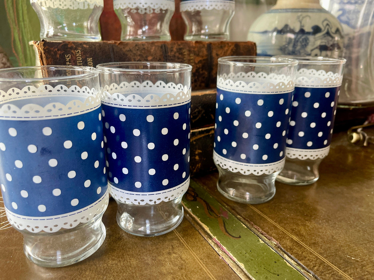 Set of Seven (7) Vintage Navy Blue and White Polka Dot Drinking Glasses