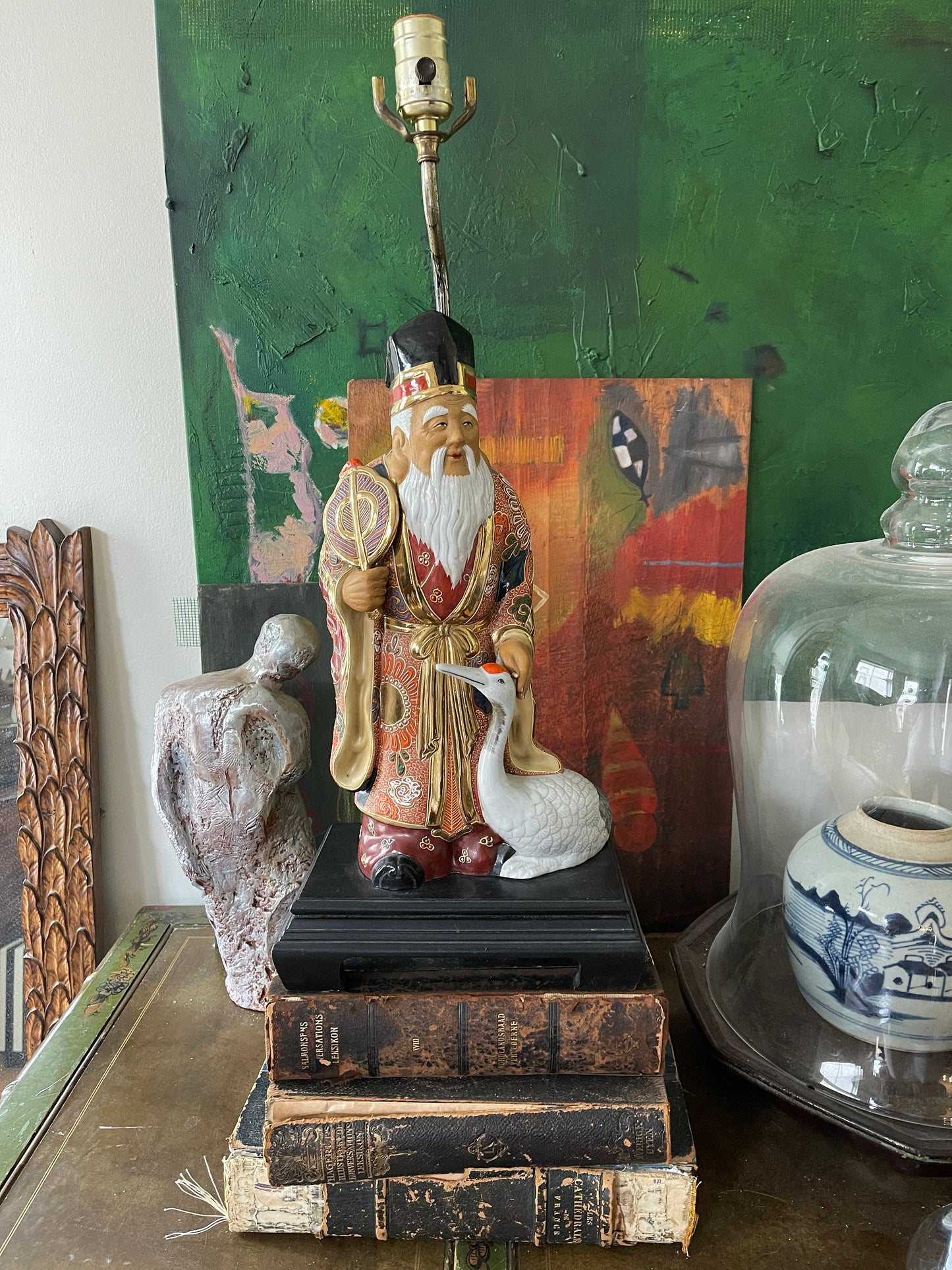 Vintage Chinese Lamp of Elderly Scholar and Goose