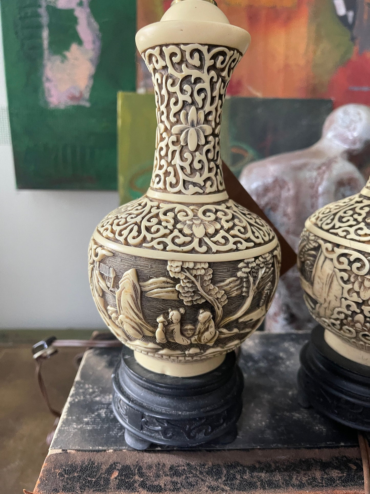 Pair of Small Cream Cinnabar Asian Lamps