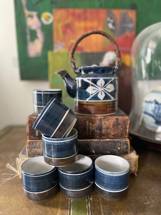 Vintage Indigo Blue Otagiri Teapot with Six Teacups