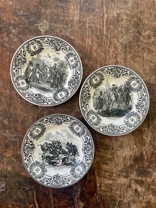 Set of Three (3) Belgian  Black Transferware Boch Napoleon Plate