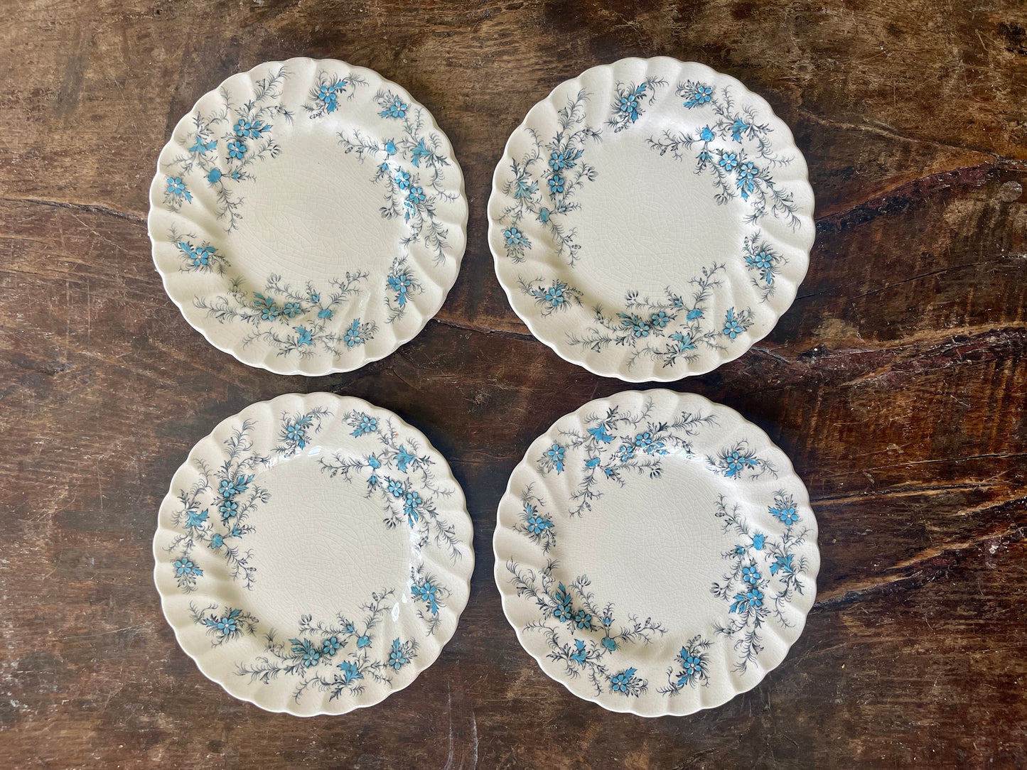 Set of Four (4) Blue and Black Staffordshire Forget Me Not 6” Plates