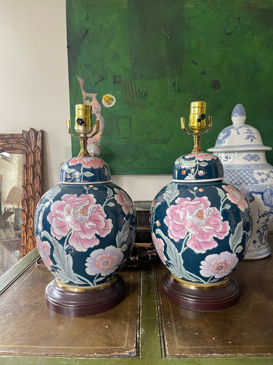 Pair of Blue Floral Chinoiserie Ginger Jar Shaped Lamps