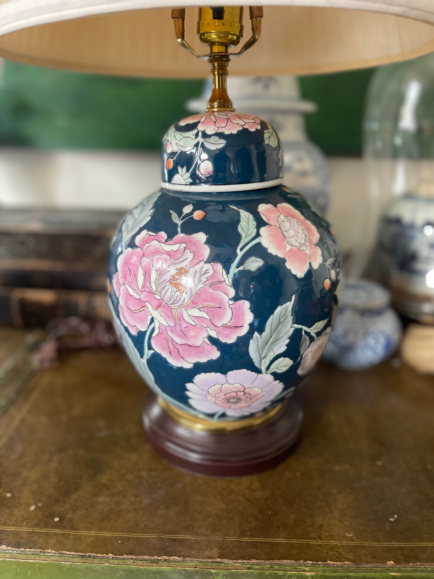 Pair of Blue Floral Chinoiserie Ginger Jar Shaped Lamps