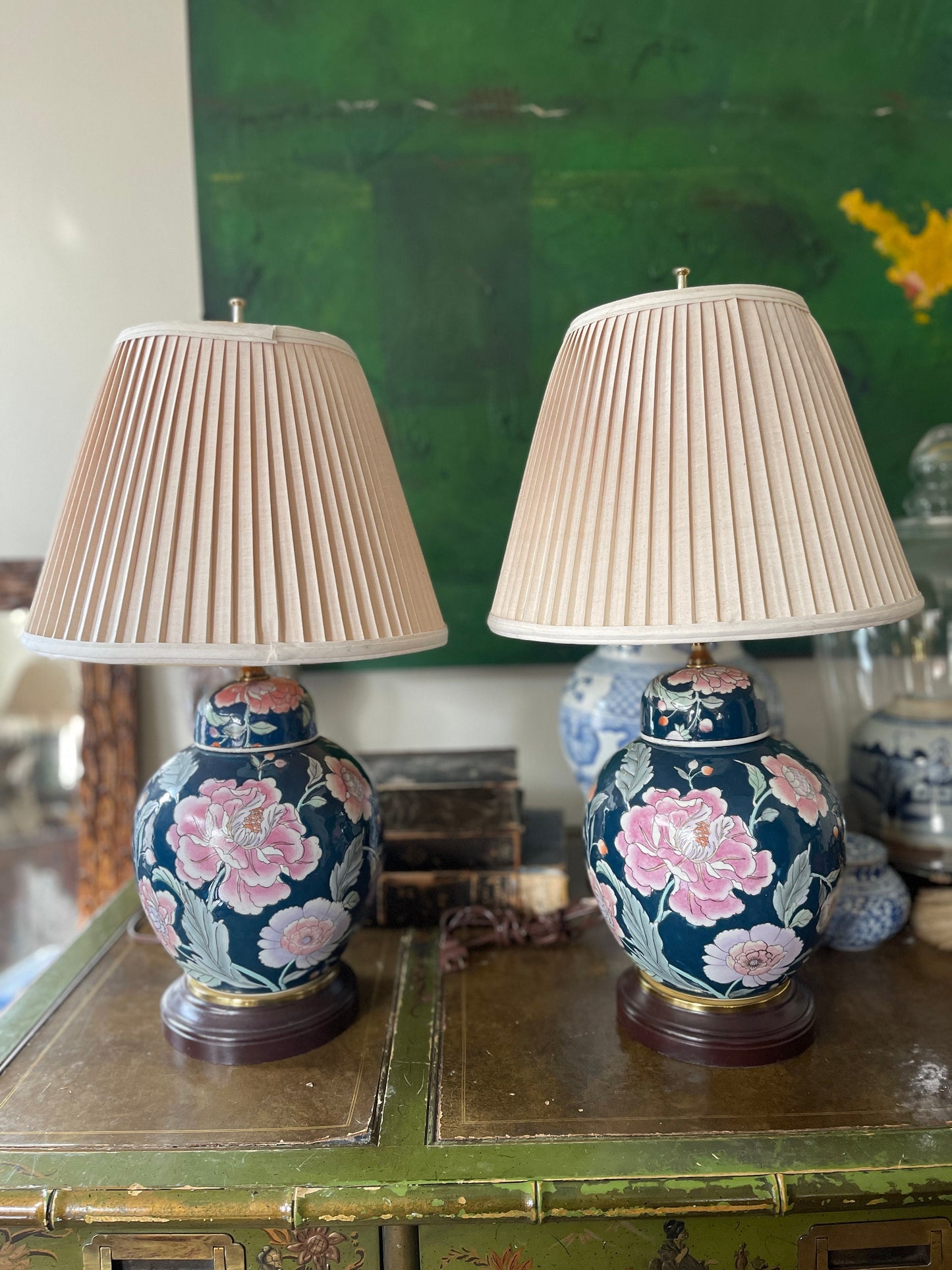 Pair of Blue Floral Chinoiserie Ginger Jar Shaped Lamps