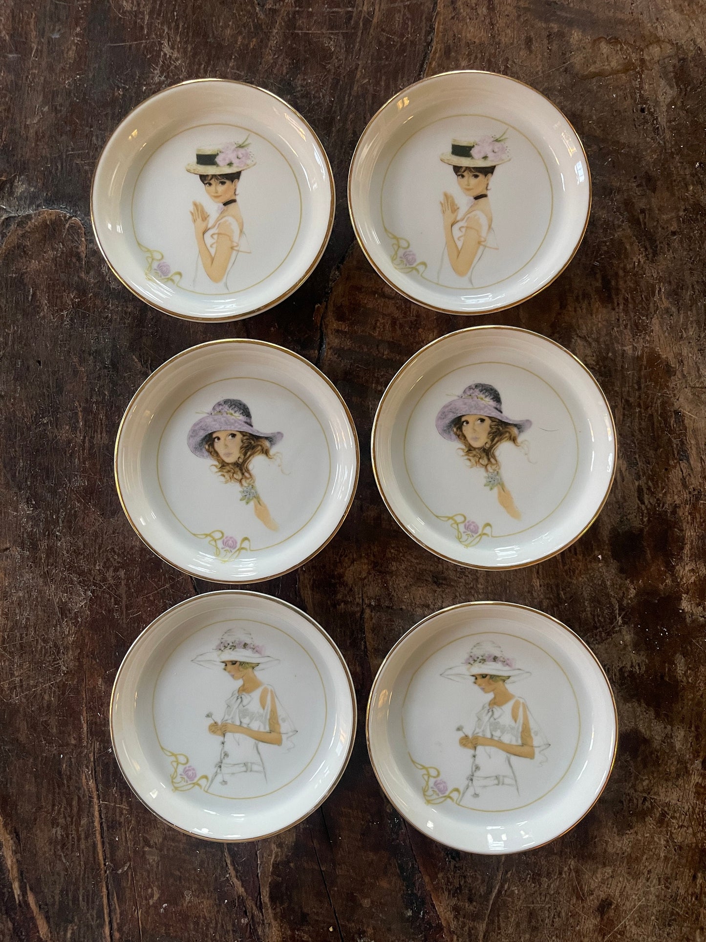 Vintage 1970s Set of Six (6) Enesco Ceramic Small Plates in Elegance Pattern