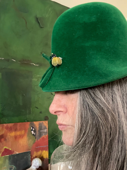 Vintage Green Wool Hat with Bumble Bee