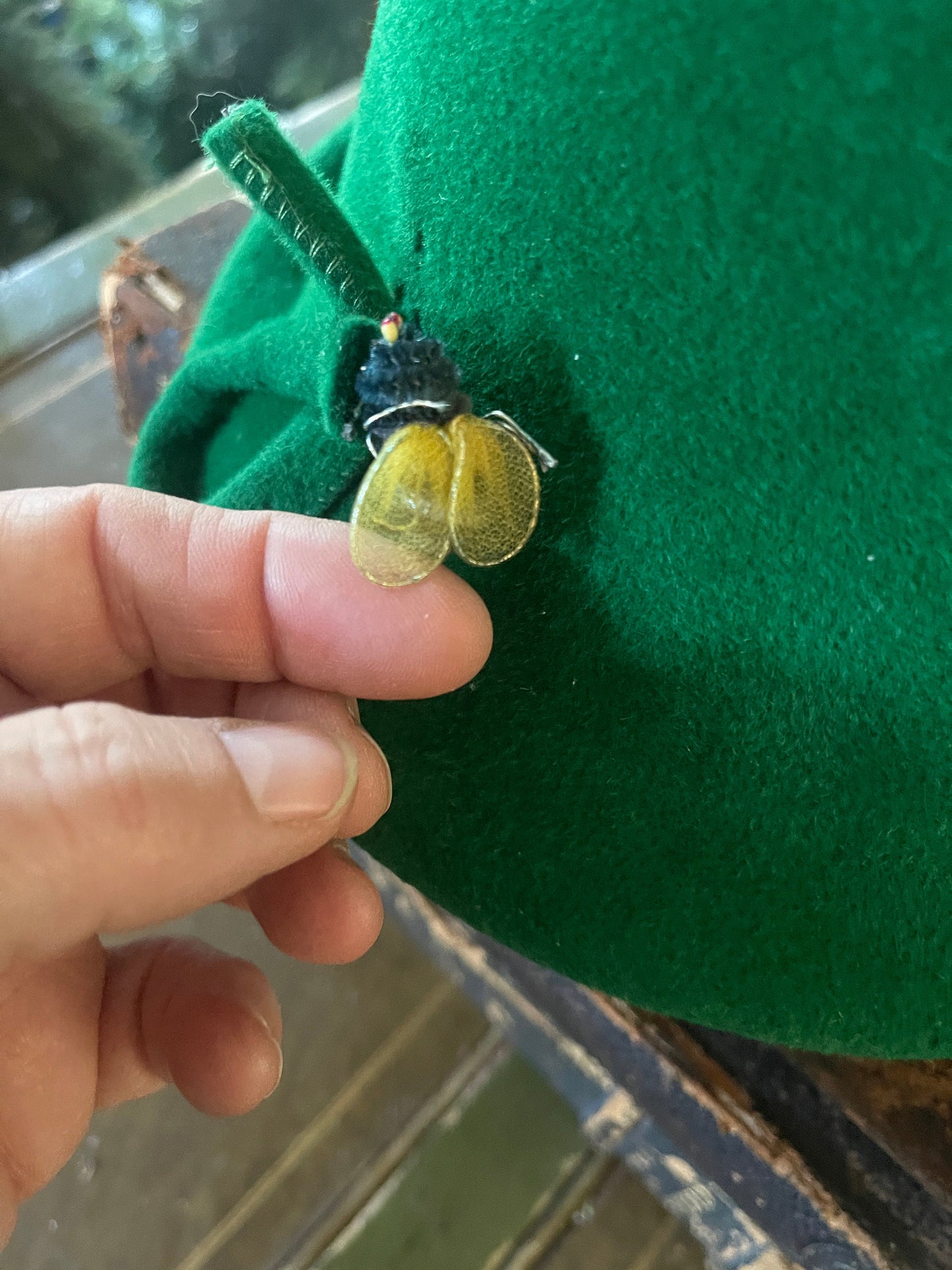 Vintage Green Wool Hat with Bumble Bee