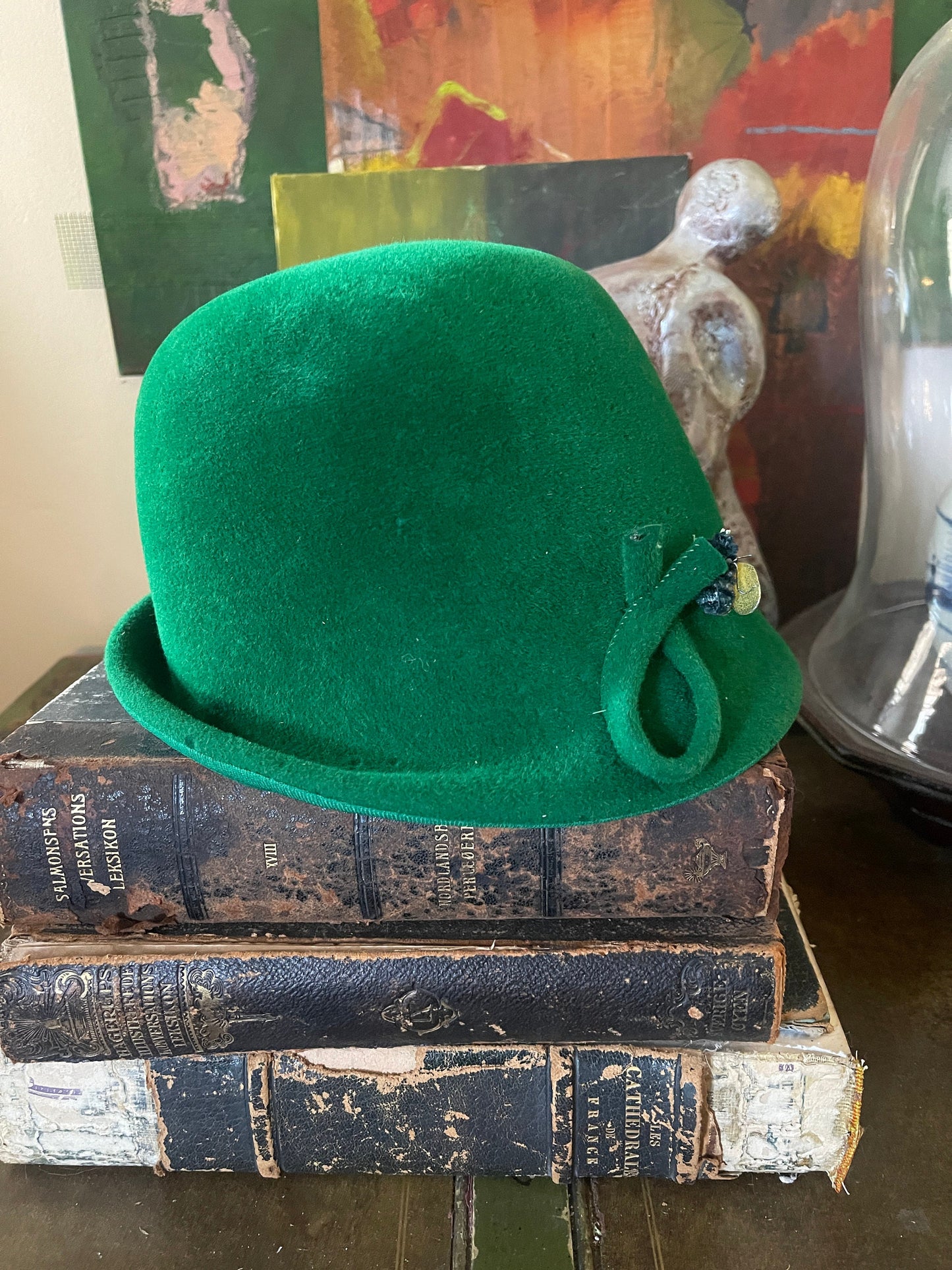 Vintage Green Wool Hat with Bumble Bee