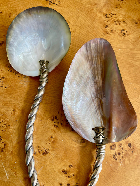 Vintage Pair of Seashell and Silver Salad Tongs