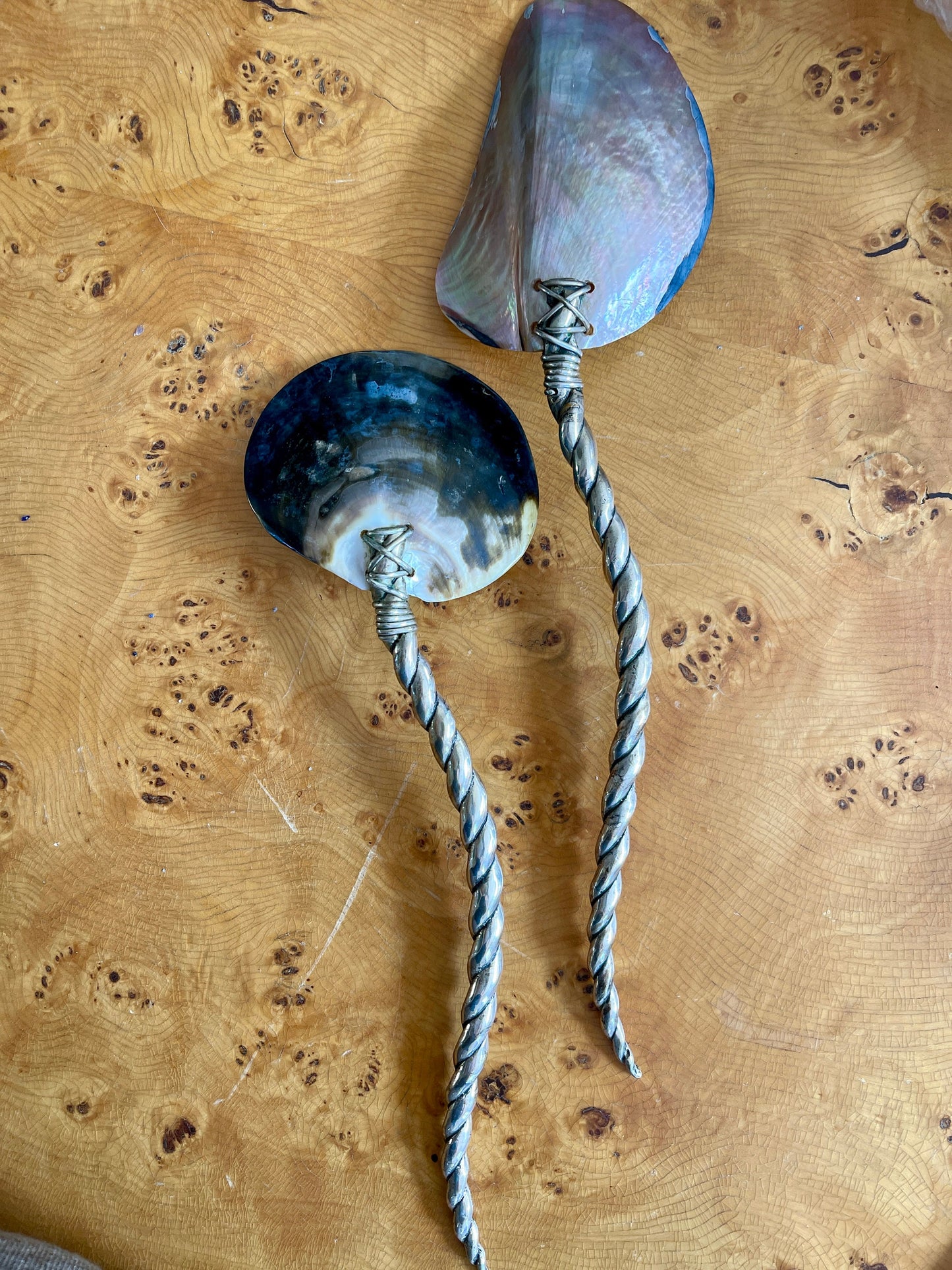 Vintage Pair of Seashell and Silver Salad Tongs