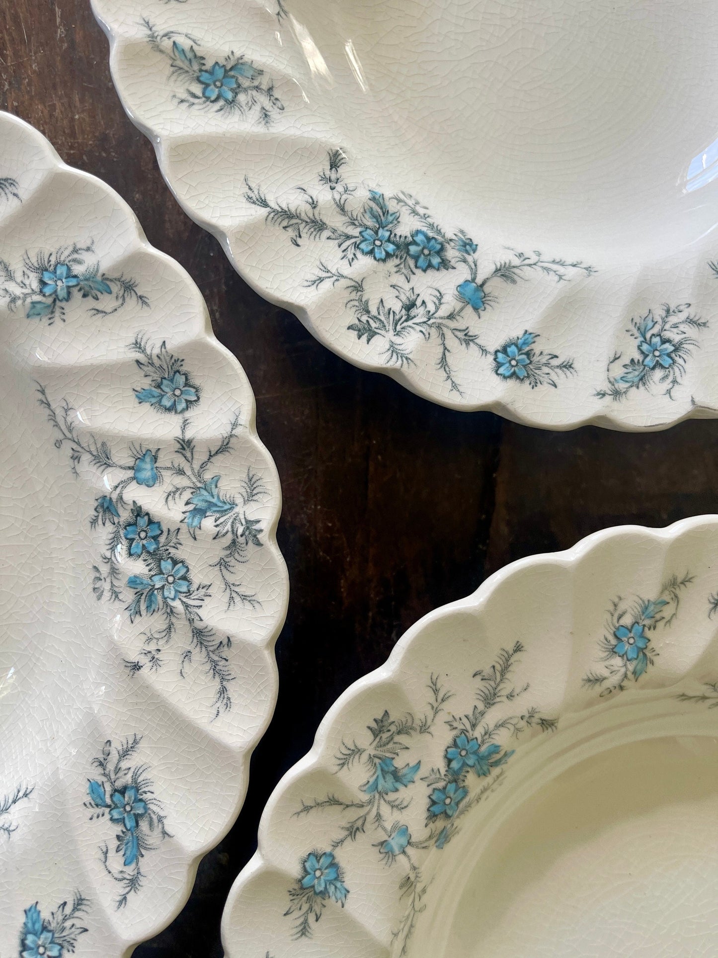 Set of Three (3) Blue and Black Staffordshire Forget Me Not 7 7/8” Bowls